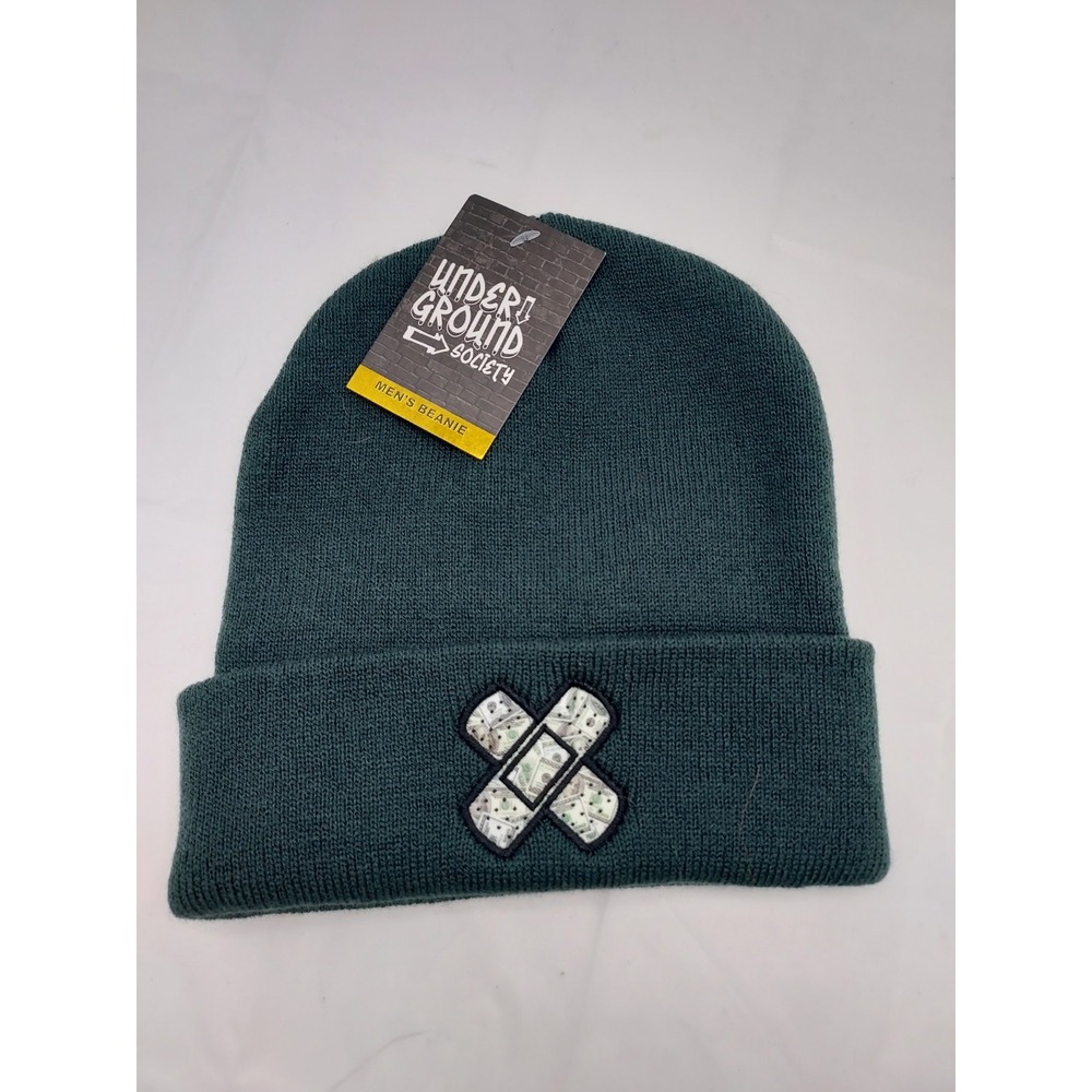 UNDERGROUND SOCIETY MENS BEANIE GREEN WITH DESIGN‎ NWT